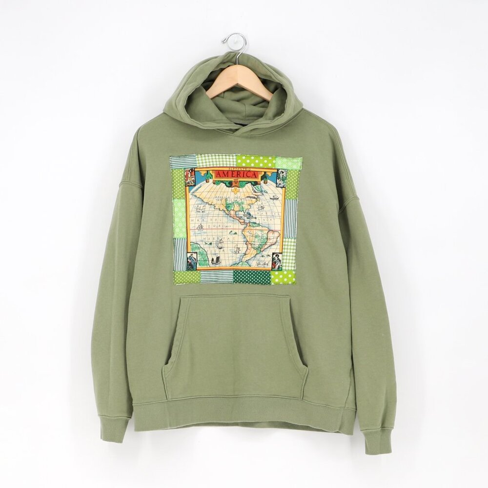 Upcycled Reworked Quilted Patchwork America Map Green Sweatshirt Hoodie